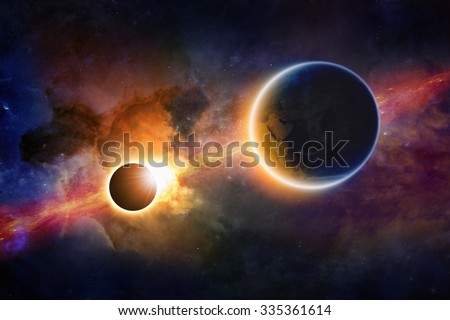 Abstract scientific background - glowing planet Earth in space, solar eclipse, nebula and stars. Elements of this image furnished by NASA nasa.gov
