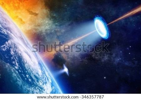 Fantastic background - UFO shines spotlight on planet Earth, secret experiment, climate change, climatic weapon, star wars. Elements of this image furnished by NASA nasa.gov