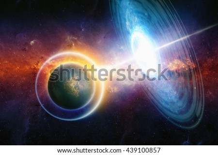 Extraterrestrial aliens spaceship hits planet in deep space, space war in red glowing galaxy. Planet uses energy shield to protect against attack. Elements of this image furnished by NASA.