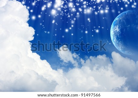 Peaceful background - planet Earth in blue sky with white clouds