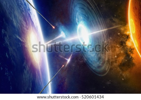 Fantastic background - extraterrestrial aliens spaceships hits planet Earth, aliens invasion, missile defense from ufo, war in space. Elements of this image furnished by NASA