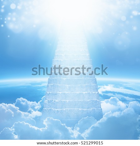 Beautiful religious background - stairs to heaven, bright light from heaven, stairway leading up to skies