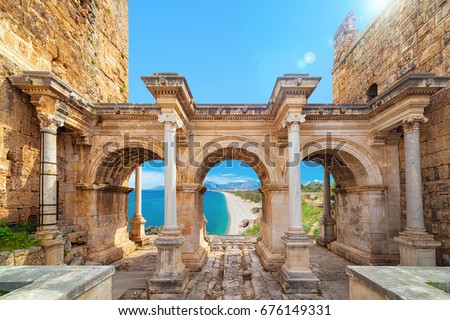 Welcome to amazing Antalya concept. Collage of famous landmarks: Hadrian\'s Gate old town Kaleici district and Konyaalti beach in popular resort city Antalya, Turkey