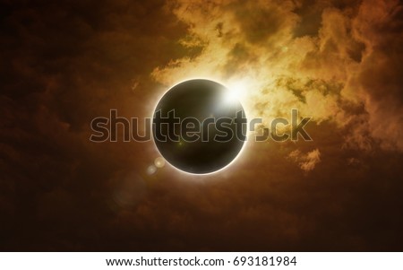 Amazing scientific background - total solar eclipse in dark red glowing sky, supernatural phenomenon, Moon passes between planet Earth and Sun