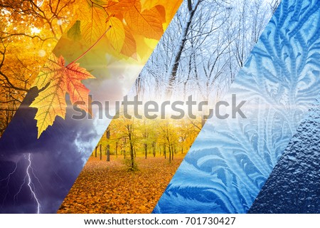 Beautiful nature seasonal background - two seasons of year collage. Vibrant colorful images of different time of year - fall and winter. Weather forecast concept.