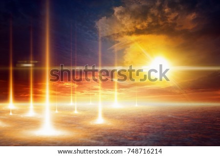 Sci-fi background - bright flash and mushroom cloud from nuclear bomb explosion, nuclear war, judgment day, end of world, teleportation to another world or dimension, secret scientific experiment