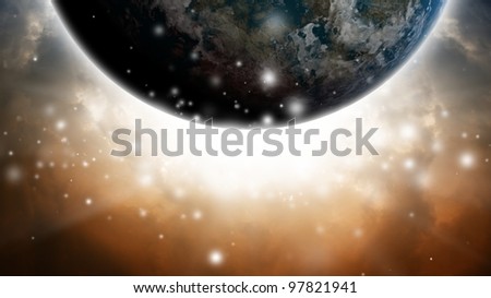 Abstract planet like earth in dark sky with bright light