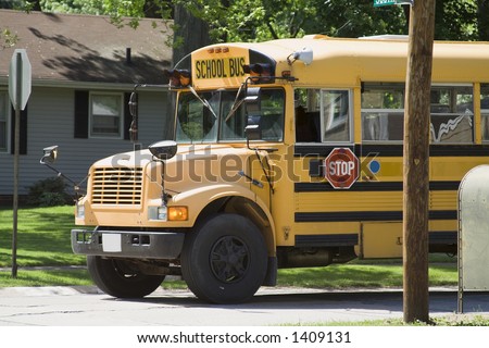 Public school bus in suburban neighborhood