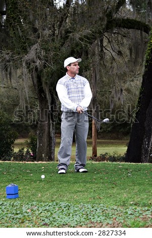 Man studying his golf drive from the tee box.