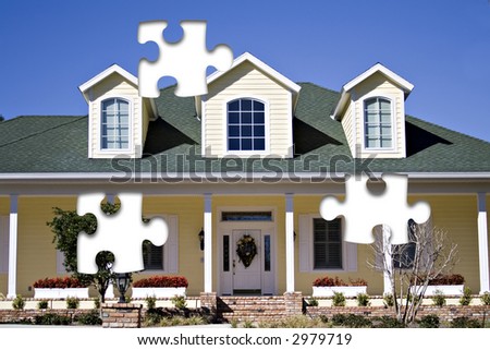 Yellow house on a very bright day in Florida - with puzzle pieces missing - Concept