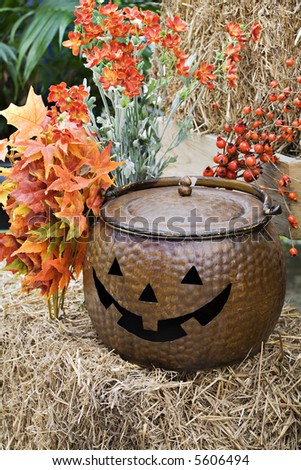 A still-life of fall and halloween decorations.