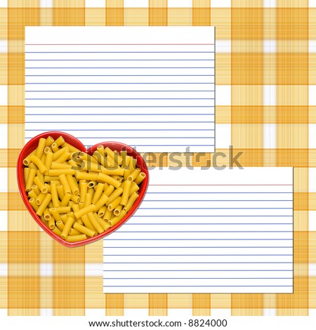 A recipe layout for pasta -recipe cards, heart dish of pasta, plain tile  plaid background available in my portfolio