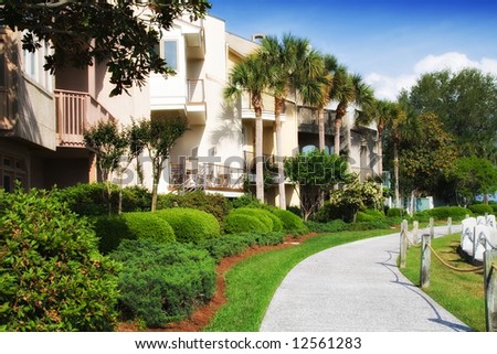 Condominiums along the harbor in Harbour Town, Hilton Head Island, South Carolina.
