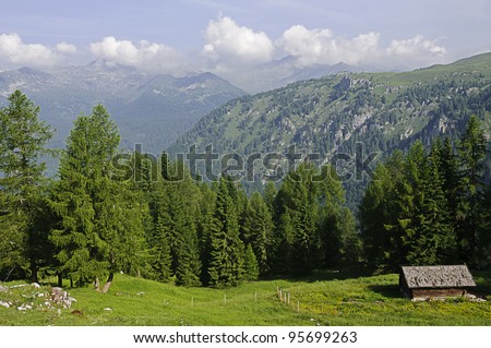 A wooden log house in the forest in the Dolomites, Alps, Italy