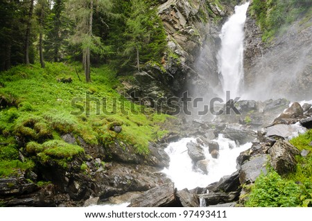 Water drop of the so called Saent waterfalls, formed by the river Rabbies, in the Italian Dolomites