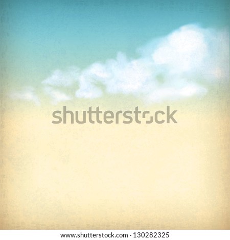 Vintage sky old paper retro style background with white clouds, subtle grunge texture of surface of the paper at the backdrop in blue & yellow colors like watercolor stretching on a clear summer day