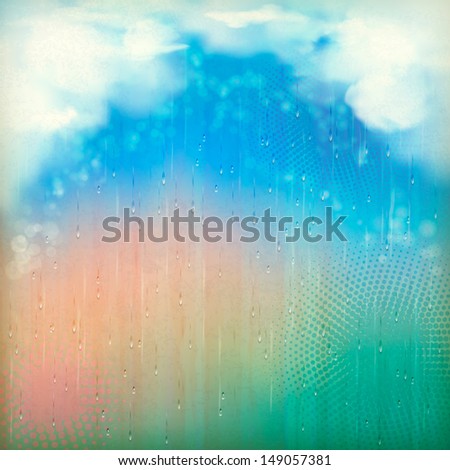Colorful rain. Vintage abstract grunge rainy landscape background. Clouds, water, rain drops, blurred lights, halftone pattern on retro style textured old paper. Natural sky artistic wallpaper design