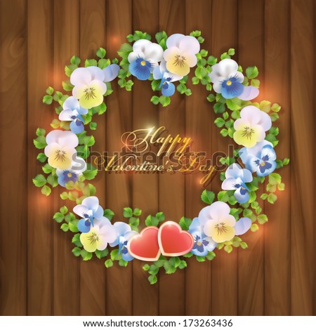 Floral vector wreath greeting card with Pansy flowers wreath. Wood Texture Background