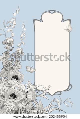 Art Deco sketch botanical composition with garden flowers, butterflies, decorative frame in retro style