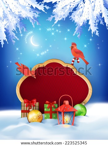 Christmas night background with wooden border frame, bird, snowdrifts, gifts, night sky, moon, lantern, baubles on the dark blue backdrop