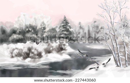 Vector artistic painting, winter watercolor landscape with birds, snow, river, frozen trees