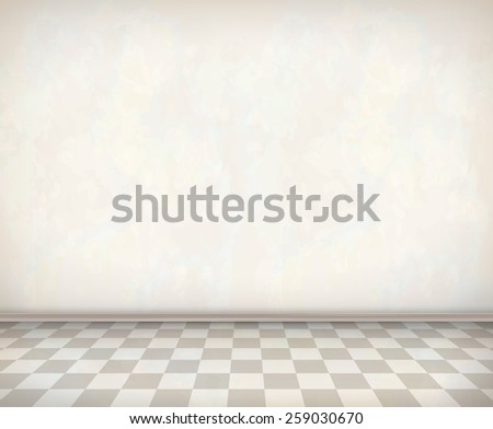 Empty room with white wall, tile floor. Classical interior