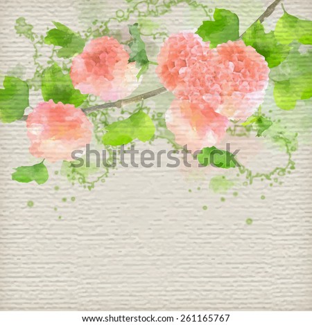 Vector Watercolor Flowers Hydrangea on textured paper background. Creative floral greeting card