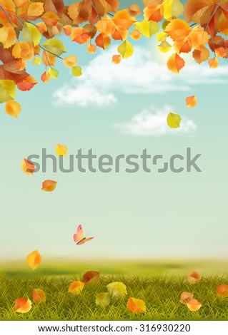 Vector autumn landscape with grass, fallen leaves, tree branches, butterfly