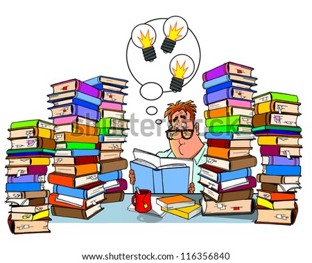 working man with a big pile of books and some ideas