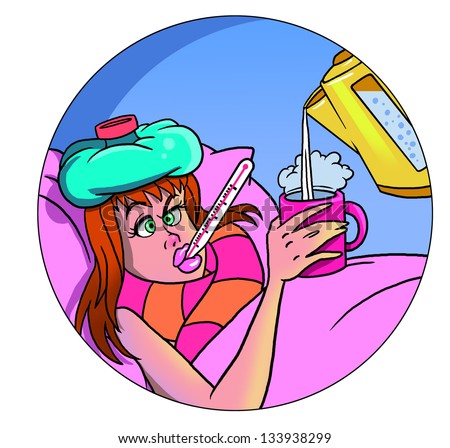 Sick cartoon woman lying in bed