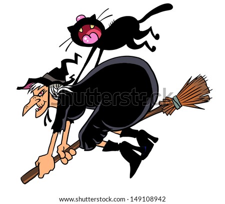 Witch and her black cat flying on broom