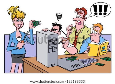 Smart woman helping men fix the computer