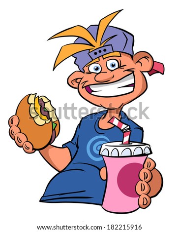 Happy boy holding hamburger and soda