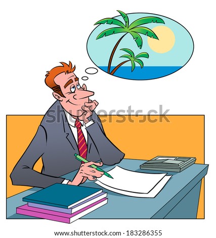 Tired businessman sitting at office and dreaming about trip to the resort