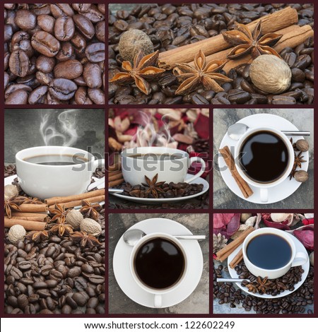 Compilation of coffee related imagery giving warm cosy feel