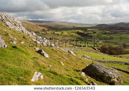 View from Norber Erratics down Wharfe Dale in Yorkshire Dales National Park