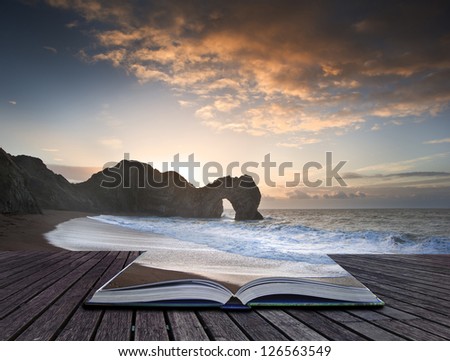 Creative concept image of sunrise over ocean with rock stack in foreground