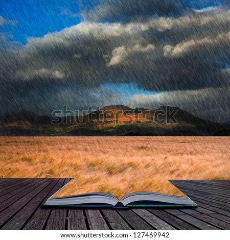Creative concept image of Mountain range landscape with field of wheat in rain in pages of book