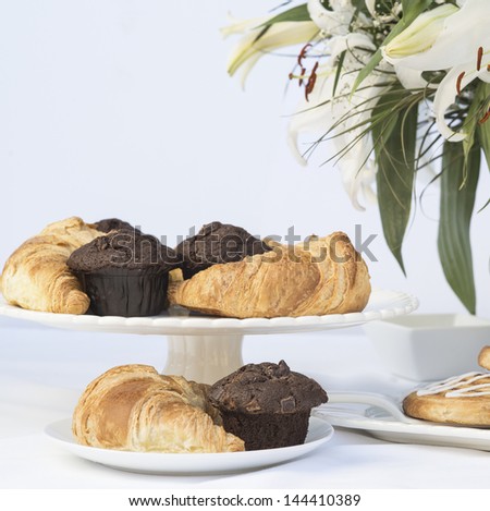 Pastries and cakes continental breakfast buffet table setting