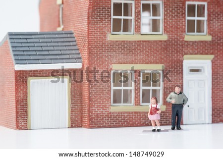 Single parent family concept with model people and house on white background