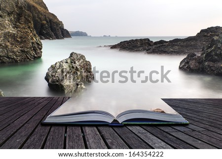 Creative concept pages of book Long exposure Kynance Cove tide