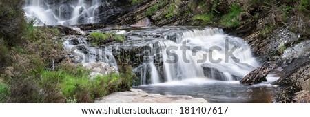 Panorama landscape waterfall detail flowing over rocks