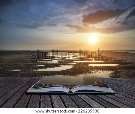 Beautiful Summer sunset over golden beach landscape conceptual book image