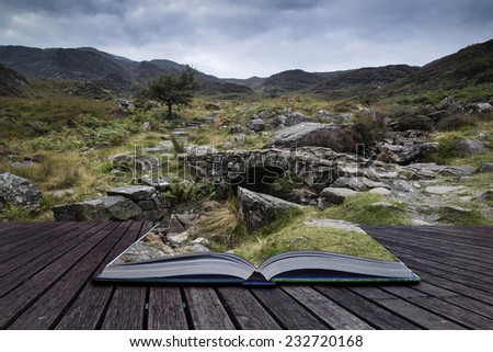 Landscape of path up mountain on Summer morning conceptual book image