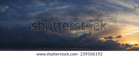 Large panorama image of stormy sunset sky