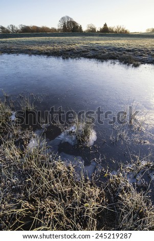 Winter landscape ice covered stream in field
