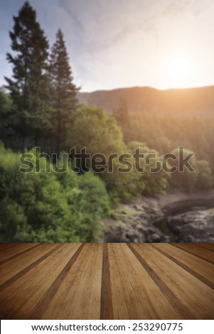 Beautiful morning landscape image of sunlight through trees into canyon creek below with wooden planks floor