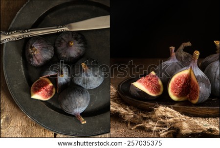 Compilation of images of Fresh figs in moody vintage style moody natural lighting set up