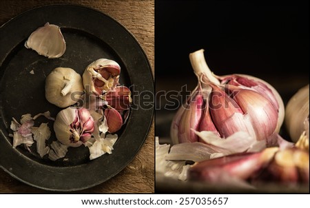 Compilation of images of Fresh raw garlic in moody natural lighting set up with vintage style