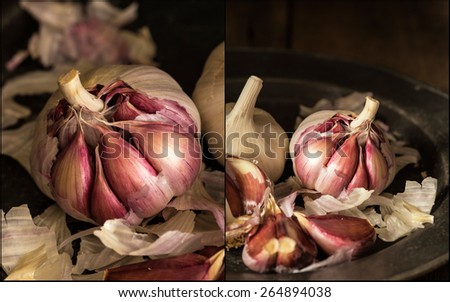 Compilation of Fresh raw garlic in moody natural lighting set up with vintage style